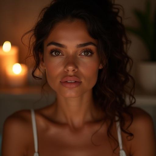 portrait of a woman with captivating eyes softly lit against a dark background modern bathroom spa like feel with candles