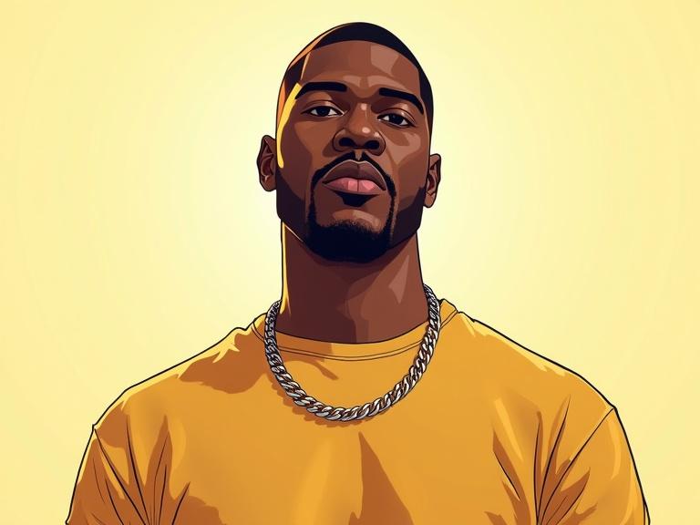 Confident Black male rapper in a solid yellow t-shirt. Stylized in the Grand Theft Auto art style. Bright, even light shining on character. High-key lighting with no shadows. Vibrant, detailed digital illustration with bold outlines. No background.