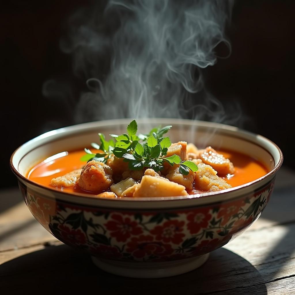 A steaming bowl of soup sits invitingly, filled with chunky ingredients like pieces of meat and vegetables. Fresh herbs are generously sprinkled on top, adding a pop of green. The rich, red broth glistens in the warm light. Steam rises gently from the bowl, creating an appealing ambiance. This comfort food is visually stunning, making it hard to resist. Perfect for a cozy meal, this soup embodies warmth and flavor.