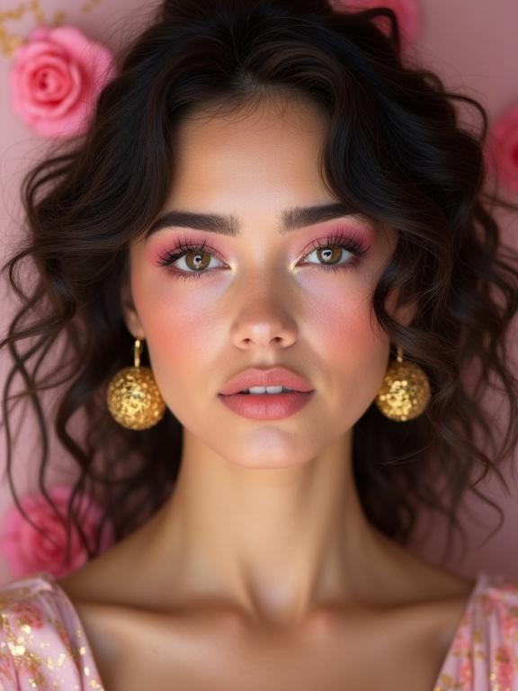 Close-up portrait of a young woman with dark curly hair. Pink-toned eye makeup and subtle blush on cheeks. Slightly parted lips. Wearing pastel outfit with gold floral earrings. Background features pink flowers and golden speckles.