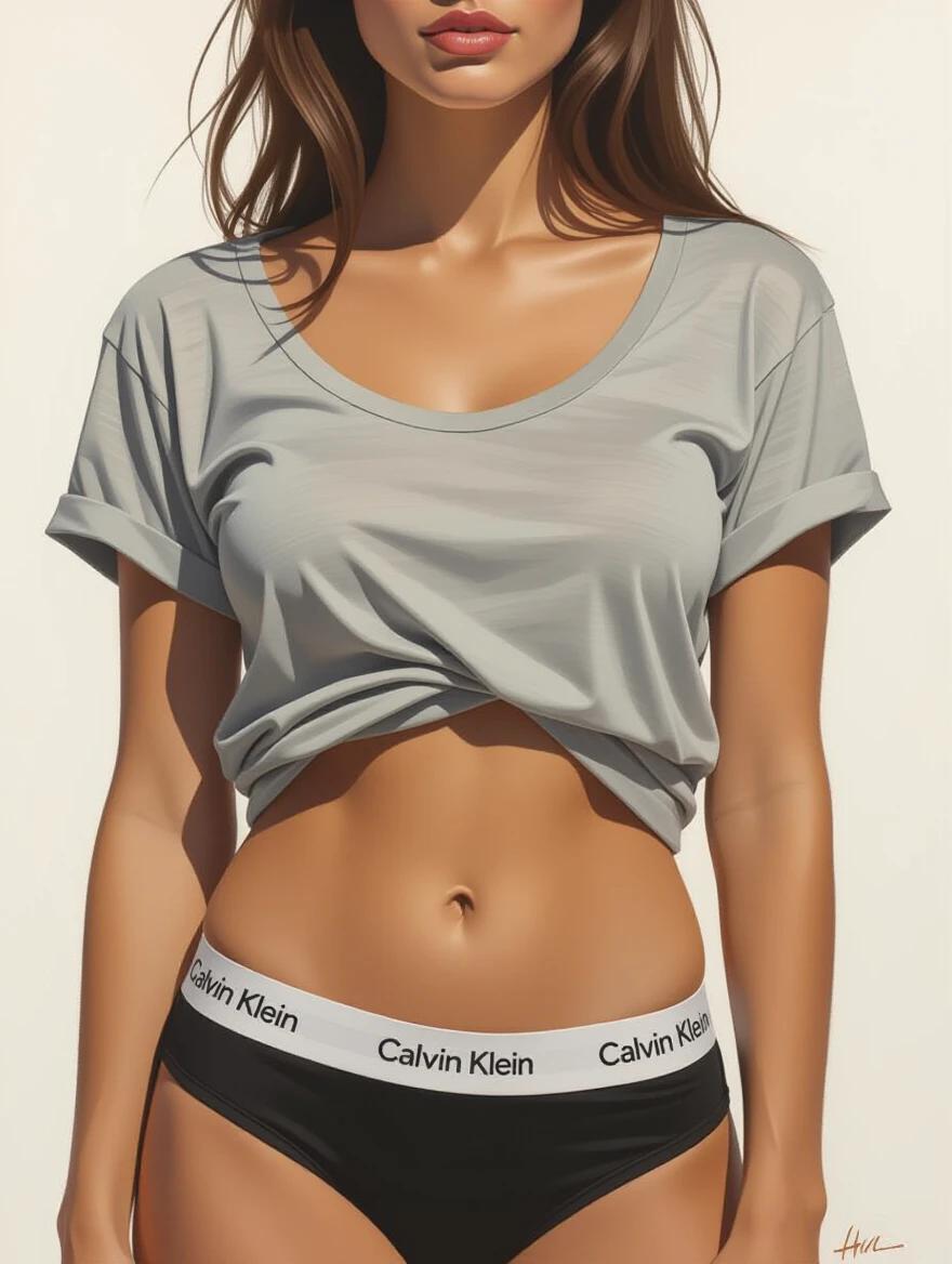 Watercolor painting features a woman in a loose gray t-shirt exposing toned brown-skinned abdomen and black Calvin Klein underwear with a white waistband. The background is white. Focus on the subject's face with blurred background. Even natural lighting with dynamic brushstrokes.