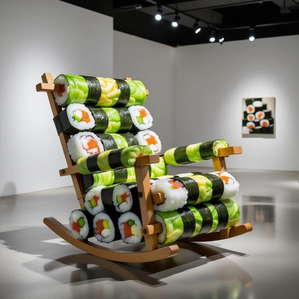 A rocking chair is crafted from sushi rolls. Seaweed cushions are used. Carved wasabi armrests are featured. Designed as edible art. The chair is showcased in a gallery. Mood lighting highlights the piece. The floor reflects the chair.