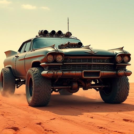 Hyper-realistic digital painting of a Gigahorse from Mad Max: Fury Road. Two black 1959 Cadillac Coupe de Ville bodies welded together. Twin-supercharged V8 powertrain in between. Four large off-road tires grip cracked red earth. Steel scoops and guard plates on front and rear. Tinted, cracked windshield with riveted metal plates. Spiked machine guns mounted on top. Low, menacing stance with tribal-style stenciling and scorch marks.