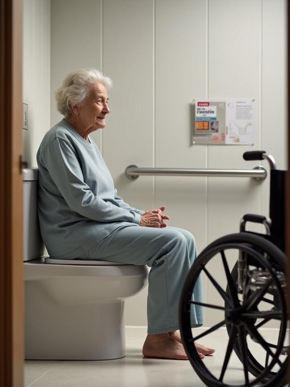 Elderly person sitting on a modern toilet seat. Discreet incontinence products nearby. Soft lighting creates a calm atmosphere. Clean accessible bathroom with grab bars. Wheelchair is nearby. Informative brochures and a measuring cup for fluid intake are included. Theme of compassion and support for managing incontinence.
