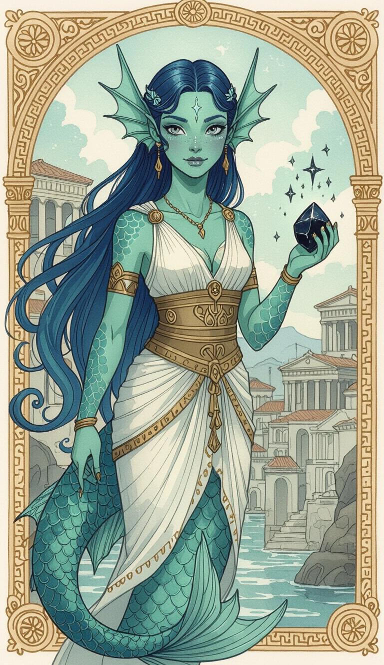 Illustration of a Triton female with green-blue scales. Background showcases an Ancient-Grecian port city. Dressed in Greek-style clothing. Holds a black magic stone. Long blue-green hair. Associated with stars. Youthful appearance with scaled features. Full-body representation.