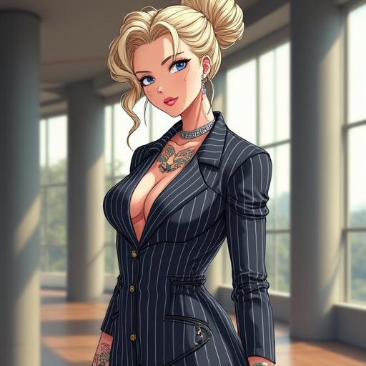 Anime character in a modern luxurious dojo. Beautiful woman with frosted blue eyes and oversized blonde bun wears a pinstriped office dress. Muscular build with colorful tattoos and piercings. Holding a ninja shuriken, standing confidently.