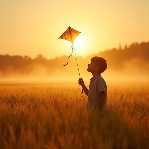 A young boy stands in a wheat field at sunrise. He holds a weathered kite. The golden light of the sun bathes the scene. Long shadows stretch across the wheat. Sunlight rays streak through morning mist. The scene evokes innocence and hope. Sharp details in the foreground of wheat. Background fades into distant trees. The boy gazes up at the sky.