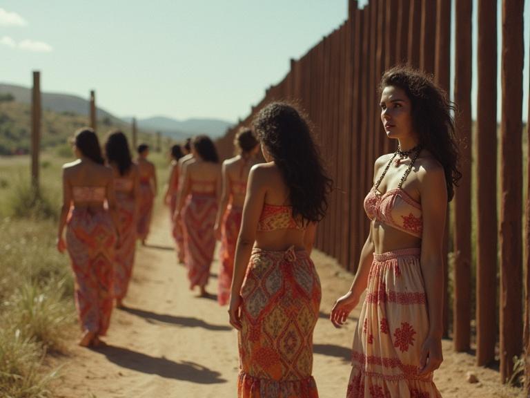 A group of Mexican women in traditional attire walking near a border wall. The scene conveys a strong cultural representation against a backdrop of social issues.