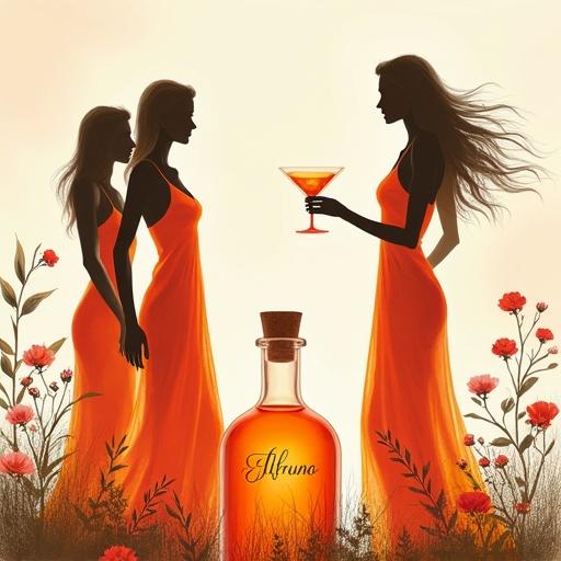 Minimalist sreen printing artwork of a luxury garden scene with three silhouetted goddesses chatting and toasting. They wear golden-reddish silky dresses, fluttering in the wind. An apothecary bottle labeled 'ALFRUNO' glows in the foreground, with roses, herbs, and wildflowers surrounding it. The atmosphere is indulgent and extravagant.