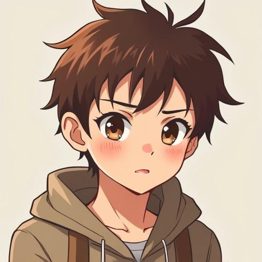Depiction of a cute young man with brown hair in anime style. The character looks expressively concerned and has a youthful appearance. Dressed casually, wearing a hoodie. Background is plain to emphasize the character.