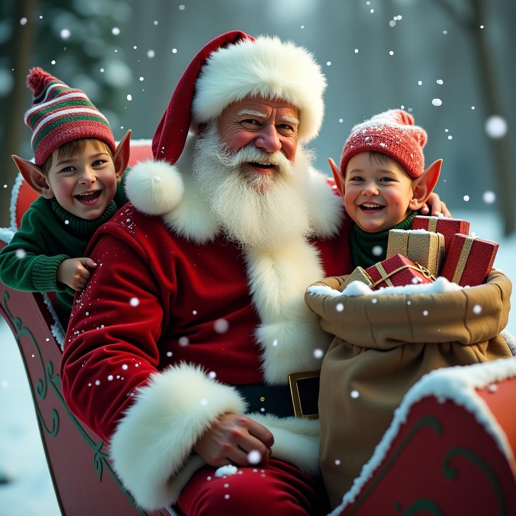 Photo realistic Santa Claus sits in a sleigh with a joyful expression. Two elves hold a bag filled with presents. Snow falls gently around them.