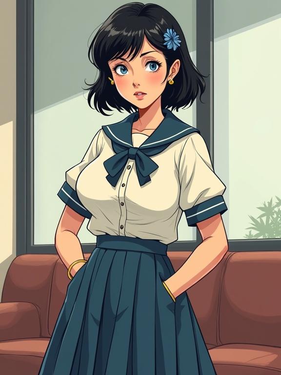 Full body portrait of a female character with dark shoulder length hair and blue eyes. She wears a school blouse and pleated skirt. The background is an office couch. The character has a nervous look and awkward posture. The artwork features soft lighting and smooth lines.