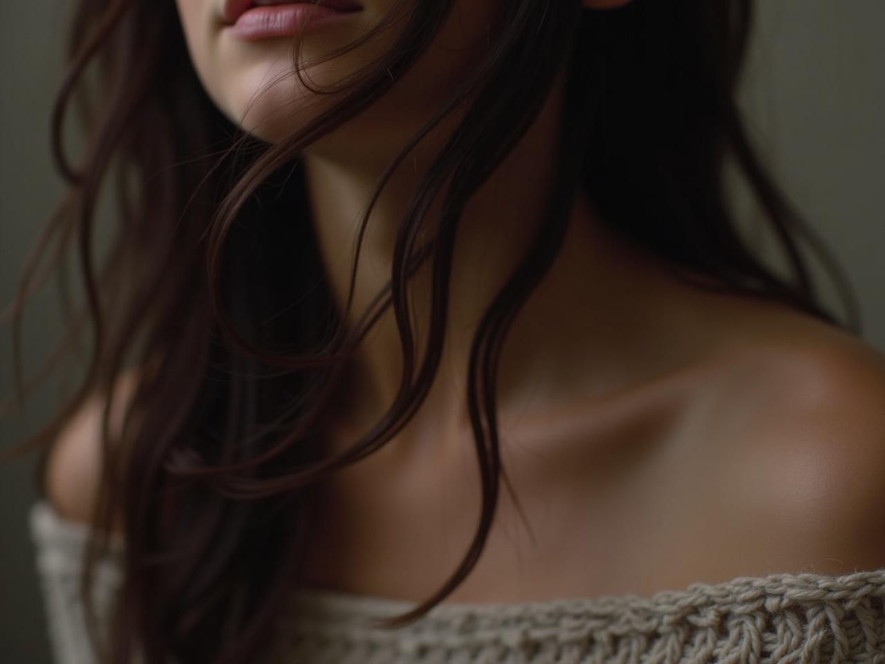 A close-up photograph featuring a person with flowing, dark hair cascading over their shoulder. The lighting is soft, highlighting the gentle curves of their neckline and the texture of their hair. They appear to be wearing a cozy, knitted top, adding a warm feel to the image. The background is softly blurred, allowing the focus to remain on the subject. Overall, the image conveys a sense of calm and intimacy, evoking an emotional connection.