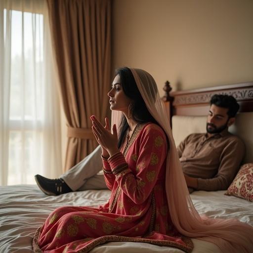 Luxury Pakistani bedroom features natural daylight. Attractive woman in colorful traditional dress sits on bed. Hands raised in heartfelt dua. Eyes filled with sorrow and hope. Husband reclines nearby, supportive. Bright room with wooden furniture and embroidered cushions. Peaceful cultural setting adds depth.