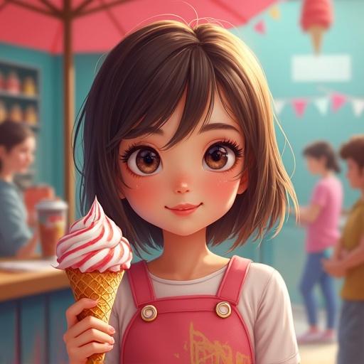 Young girl smiles while holding an ice cream cone. Background features colorful decor and atmospheric elements. Style is realistic and engaging.