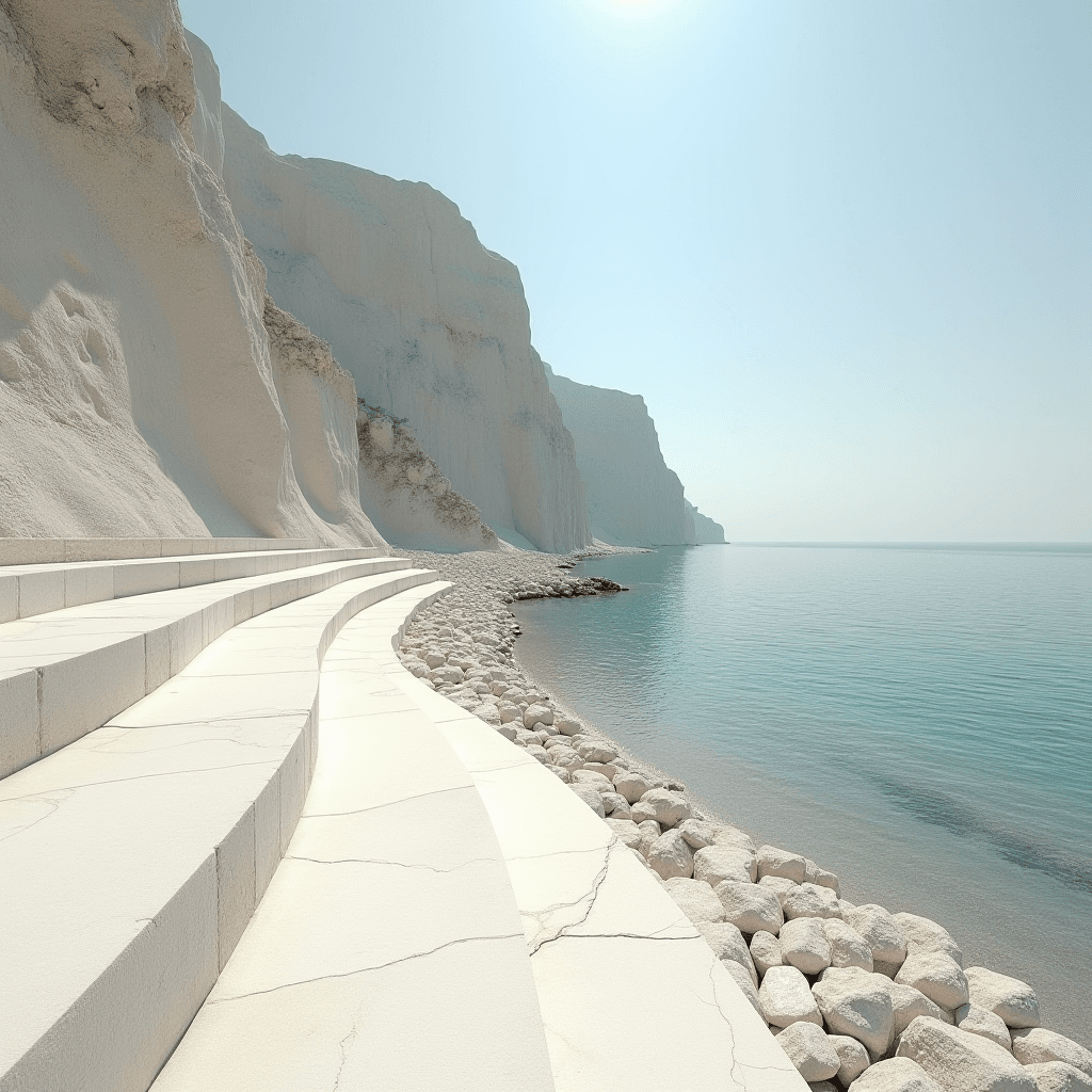 A serene coastal scene featuring terraced white stone steps leading to a calm, turquoise sea, flanked by towering chalk-like cliffs.