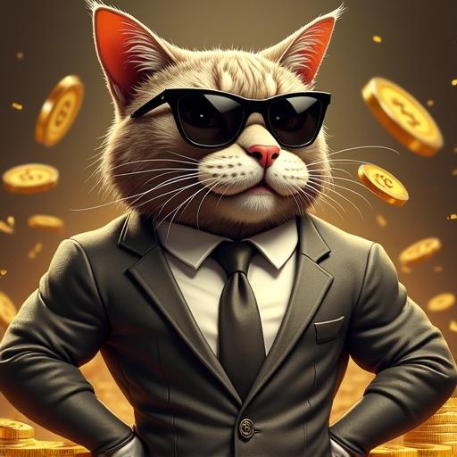 Meme coin cartoon theme featuring a muscular cat in a suit having a serious face. Cat wears dark shades and is surrounded by money and gold.