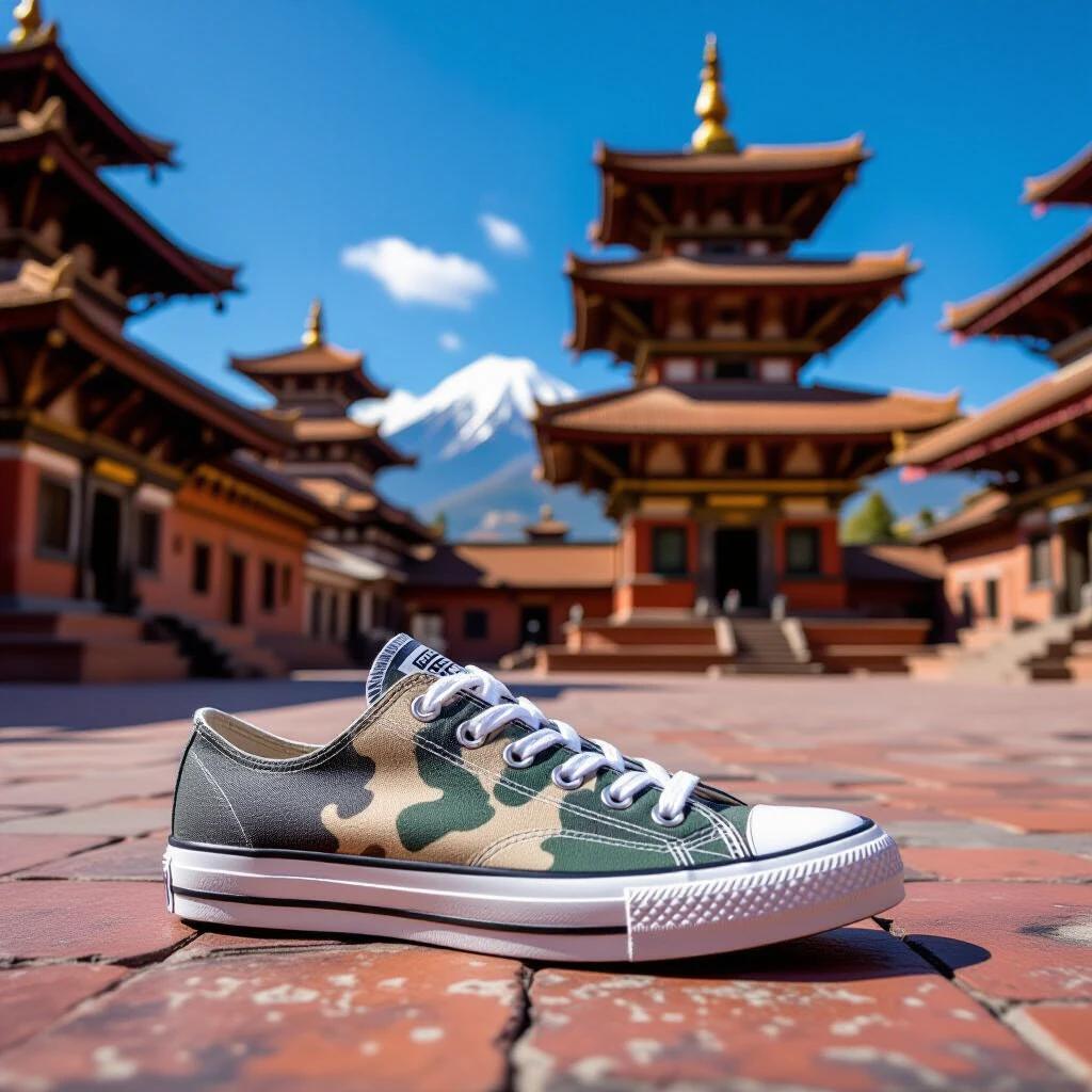 Showcase a single low-top sneaker on ancient stone pavement. Highlight dark grey canvas with white rubber sole and crisp laces. Include camouflage accents. Capture the sneaker in profile from a low angle. Feature a multi-tiered Nepalese pagoda in the background under a blue sky. Create a scene with bright sunlight and subtle shadows. Keep sneaker sharp in focus with blurred architectural elements.