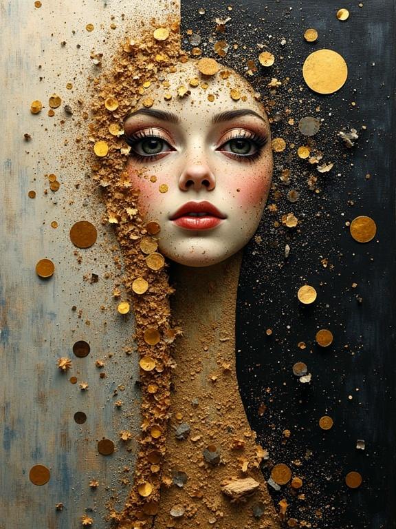 A portrait featuring a face amidst various textures and layers. The composition includes materials like gold, wood, and sand. Showcases a mix of collage elements and artistic techniques. Dark background with a contrasting light tone. Emphasizes depth and visual appeal.