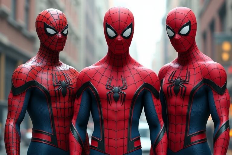 Concept art showing three versions of Spider-Man suits designed from different actors. Characters displaying Spider-Man motifs in their design. Stylish costumes exhibit texture and vibrant colors. Background softly blended in focus.
