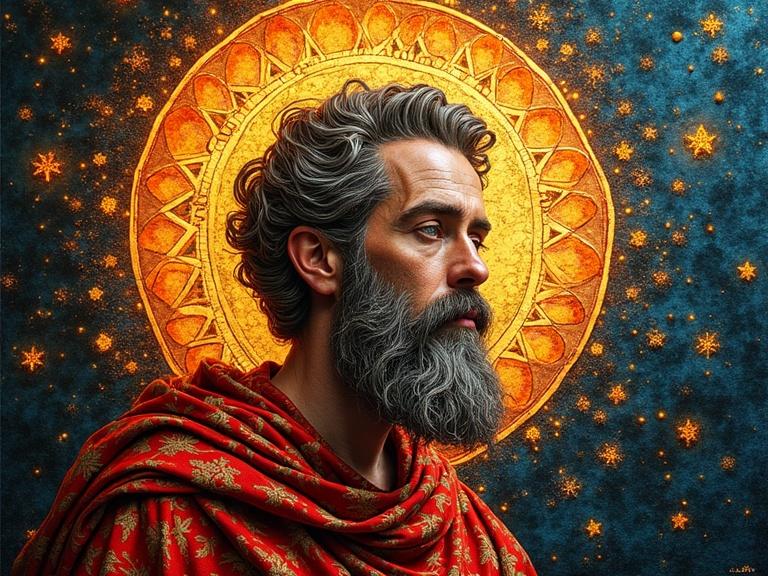 Artistic depiction of a saint with a glowing halo. Blend traditional needlework elements with modern molecular techniques. Unique fusion of art styles. Rich colors dominate the scene. Symbolism in religious context.