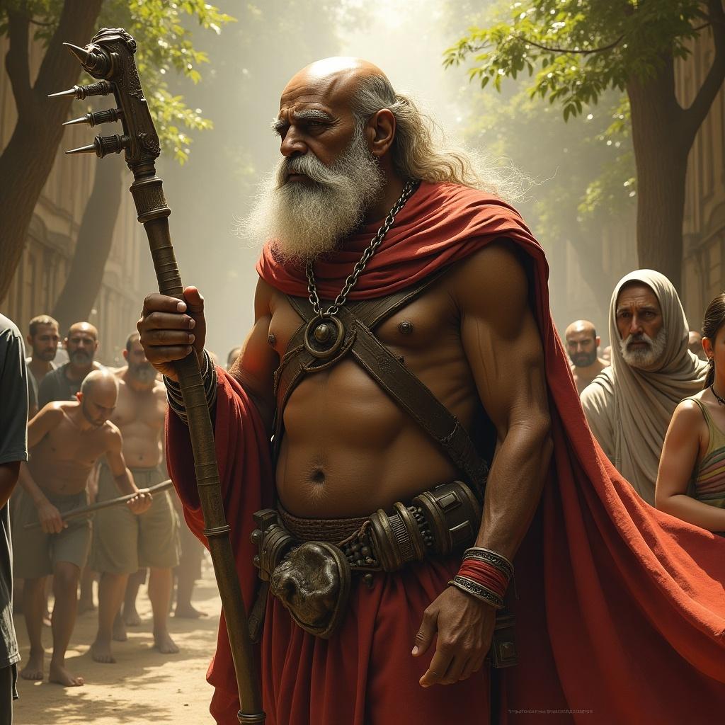 Image depicting a strong warrior figure holding a staff. The scene is vibrant and filled with warm colors. The focus is on the figure's muscular build and commanding presence, surrounded by a strong sense of myth and heroism. The lighting is soft and enhances the overall atmosphere.