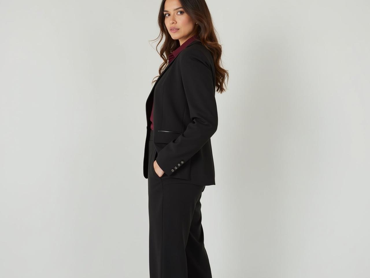 Show a full body side angle of a woman wearing a sharp black blazer and matching tailored pants. She has long, flowing, wavy hair, and her shirt underneath is a rich, deep red. The outfit is tailored and elegant, projecting a professional look. Her hands are placed in her pockets, and she stands confidently. The background is plain to highlight her outfit and appearance.