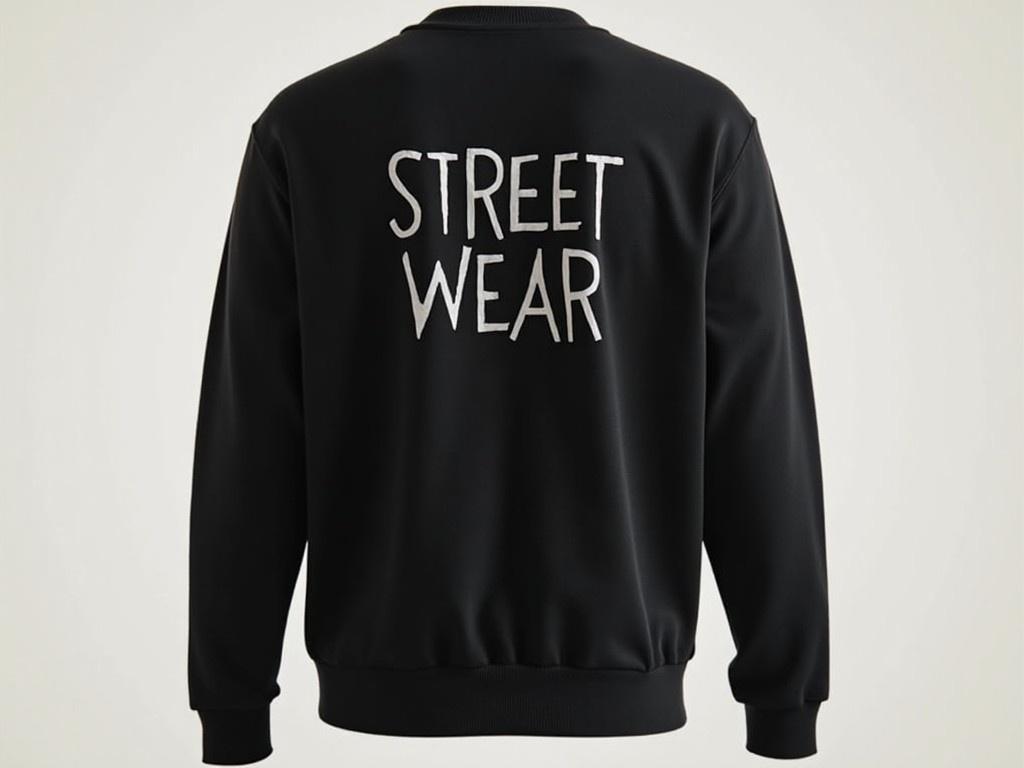 This image showcases a stylish black jumper designed for streetwear enthusiasts. The focal point is the bold text 'STREET WEAR' prominently displayed on the back. The jumper features a clean and modern design ideal for casual outings. The soft, black fabric gives it a trendy look, perfect for urban environments. This garment is suitable for fashion-forward individuals looking to express their style through casual wear.