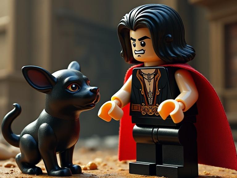 Lego figure of Hades with a black Cerberus figurine in a cartoonish 1930s style scene