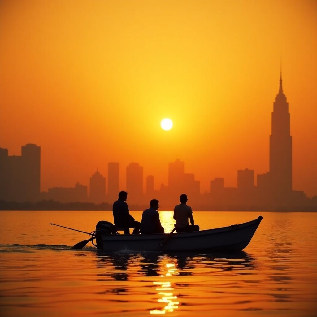 A small boat with three people silhouetted against a warm sunset. Calm waters reflect the hues. City skyline appears hazy in the background.