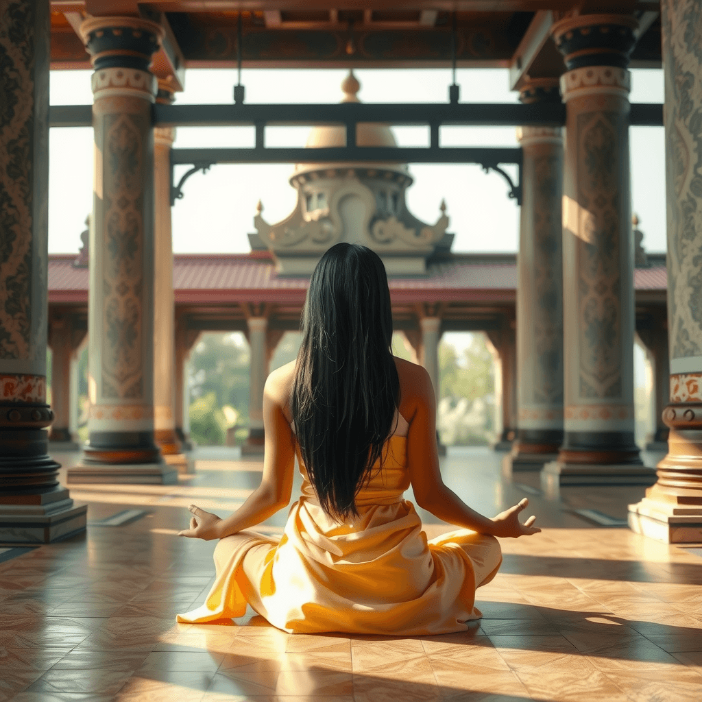 A woman sits peacefully in a meditative position inside an ornate temple, bathed in sunlight.