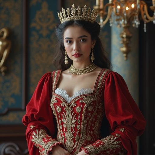 Create a high-definition image of a woman wearing a historical gown inspired by UK crown jewels. The gown is richly detailed with embroidery. The woman wears a crown and earrings. The background is ornately decorated.