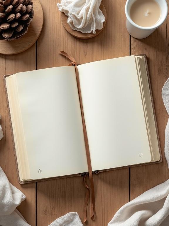 Top-down view of an open hardcover journal showing the front and back covers. The journal lies flat on a natural wood surface. Soft ambient light enhances the neutral tones. The scene includes fabric and vintage objects for styling. Pages hidden underneath the covers.