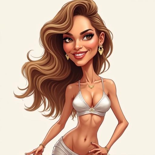 Full-body caricature of a glamorous figure with long hair. Character wears a white outfit. The setting is simple, highlighting the character's style.
