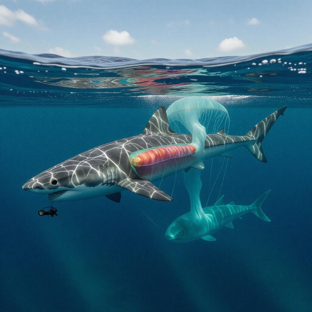 A hybrid creature combining a 50 meter long shark and a Portuguese man o' war. Underwater scene showcasing the creature with jellyfish-like appearances. Brightly lit and colorful.