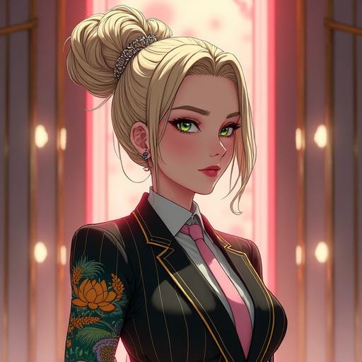 Anime character in a futuristic boardroom. Woman with emerald green eyes and light blonde hair styled in a bun. She wears an elegant pinstriped suit. The background shows a luxurious boardroom with elements of technology. Tattoos are visible on her arms. She has a cybernetic right leg and various accessories like jewelry and piercings.