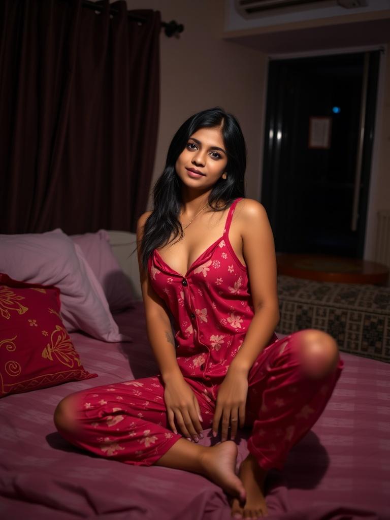 A woman sits gracefully on a bed, wearing red floral pajamas.