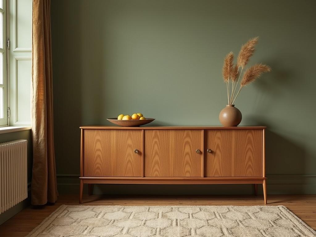 This image features a retro-inspired living space with a vintage wooden cabinet against a muted green wall. The cabinet has a classic design with sleek lines and is adorned with simple decor, including a bowl of fruits and a decorative vase holding dry grass. Plush curtains in a rich fabric drape elegantly beside the window, adding a touch of coziness. A textured rug with subtle patterns lies on the wooden floor, enhancing the retro feel of the room. The overall color palette is warm and earthy, giving the space an inviting and nostalgic ambiance.