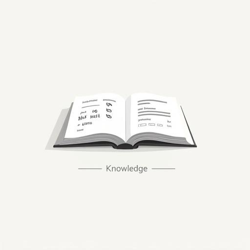 Minimalist icon for a school website featuring an open book at the center. Left page with mathematical symbols π, ∑, ∞ in sans-serif font. Right page with the word Knowledge in English, ज्ञान in Hindi, and القرآن in Arabic. Flat design, monochromatic colors, symmetric composition.