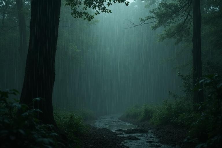 Heavy rain falling in dark forest. Rain drops hitting leaves. Winding creek visible in landscape. Dense trees surrounding area. Mysterious and tranquil atmosphere.