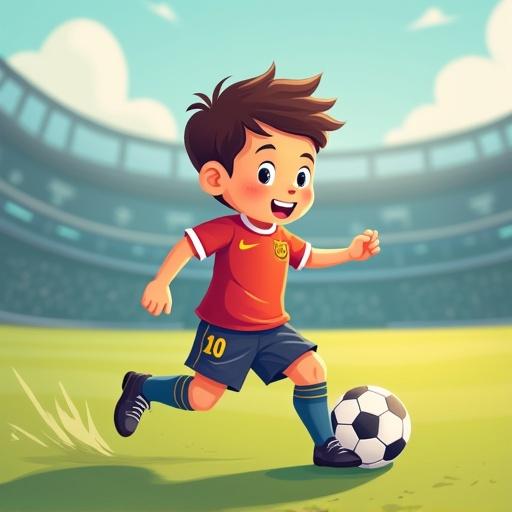 A cartoon of a young boy joyfully playing soccer on a sunny field. He has a spirited expression and wears a vibrant soccer uniform. Soccer ball in motion.