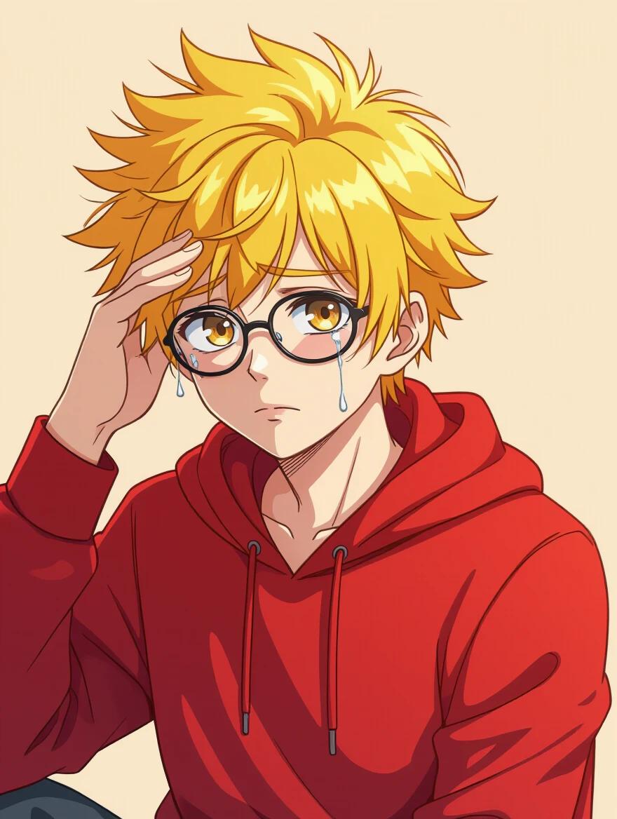 Anime character with yellow hair and fair skin displays sadness. Small black glasses are slightly fogged. Wearing a red hoodie that is zipped tight. Shoulders are slouched and arms pose over eyes. Clean cartoonish style with cel-shading against a pastel beige background.