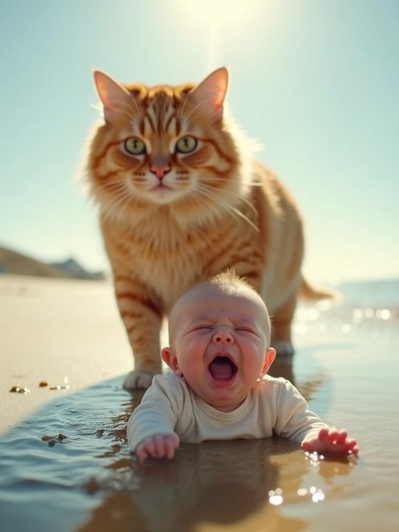 Low-angle shot of an exaggeratedly chubby orange tabby cat with big, concerned eyes walking towards the foreground on a sandy beach. A crying baby in a onesie is in a puddle slightly out of focus. Bright sun and ocean are in the background.