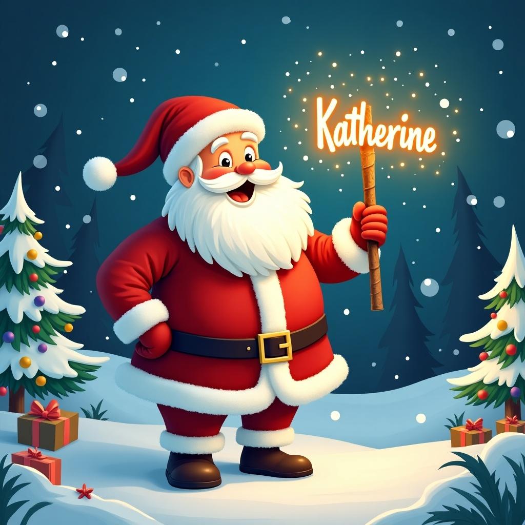 A cheerful Santa Claus in a snowy landscape presents a glowing stick that writes the name 'Katherine'. He wears a classic red and white outfit with a jolly smile. Surrounding elements include snow-covered trees and colorful decorations. The warm glow suggests a spirit of generosity and joy.