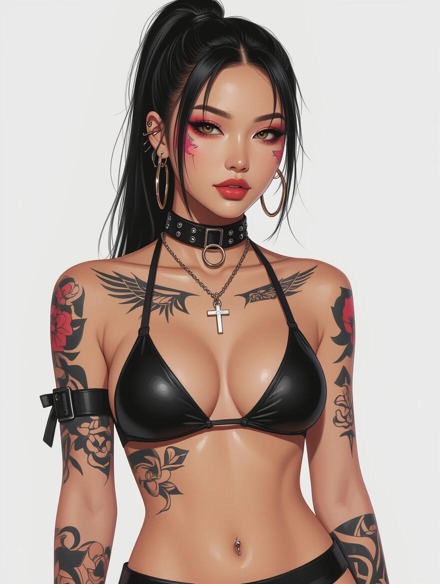 Cyberpunk Asian model wearing a black bikini. Model features intricate tattoos. Choker and belly-button piercings add style. Bold makeup enhances the look. Model poses confidently with a striking appearance.