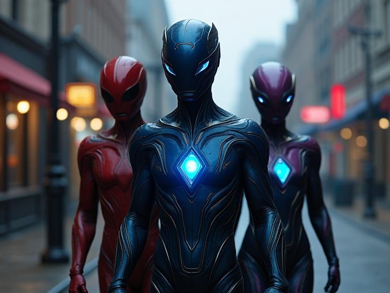 Realistic dark cinematic scene featuring a group of heroes. Includes a red male ranger, a blue male ranger, a short female yellow ranger, a black male ranger, and a short female light purple ranger. Emphasis on sleek organic shapes and glowing armor details. Set in a cloudy town street with shadows and store fronts.