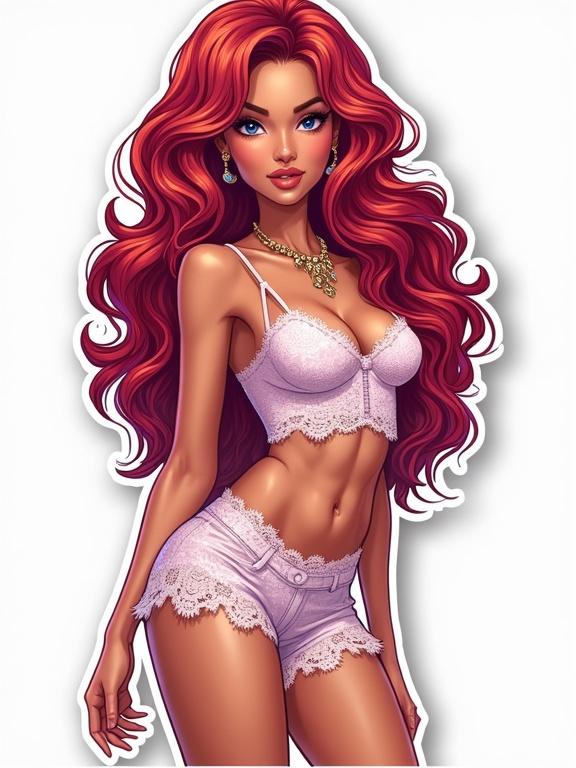 A beautiful woman stands confidently with long curly hair. She wears lace shorts and a matching top. Her jewelry is elegant and enhances her beauty. The illustration is colorful and engaging, designed as a sticker. This upbeat image captures playful and inviting vibes.
