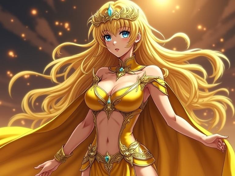 A woman with long golden hair wearing gold clothing. The outfit is ornate with jewels and has a flowing cape. The background is vibrant and glowing.