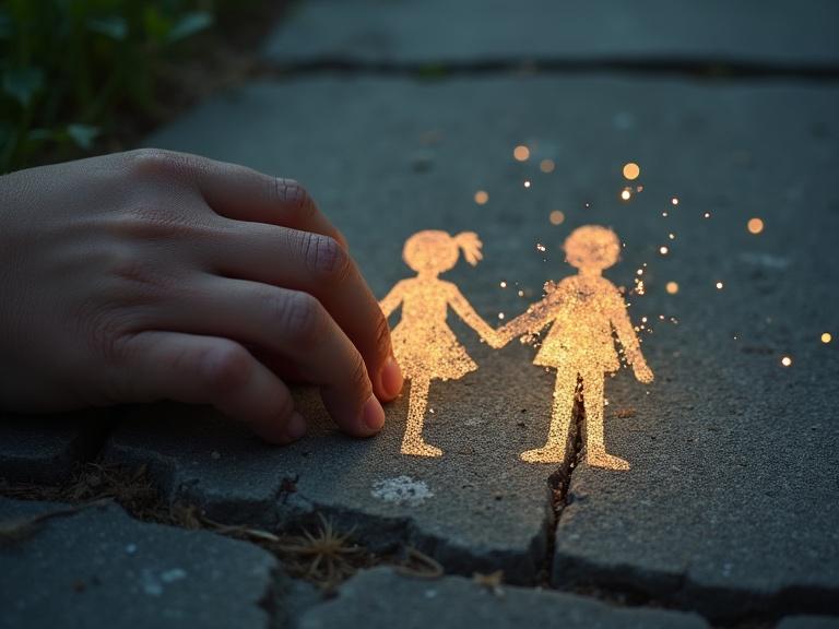 A hand rests by a chalk drawing of two children holding hands on a cracked sidewalk. The drawing glows and dissolves into light particles. The scene feels nostalgic with warm twilight colors and a soft focus.