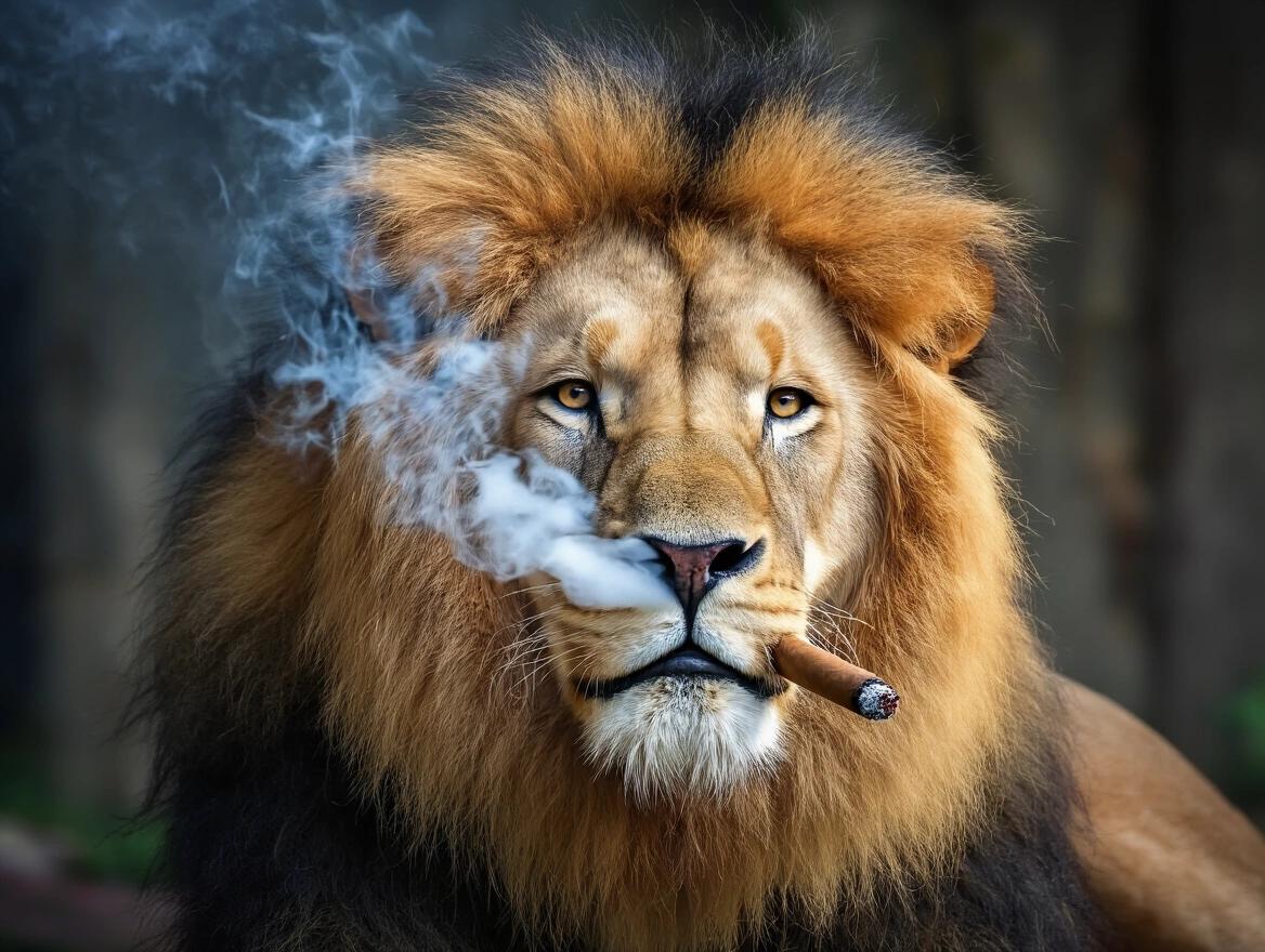 A lion smoking a cigar. The lion's mane is fluffy and golden. The setting is natural. Smoke billows out from the cigar. The lion stares intently at the camera.